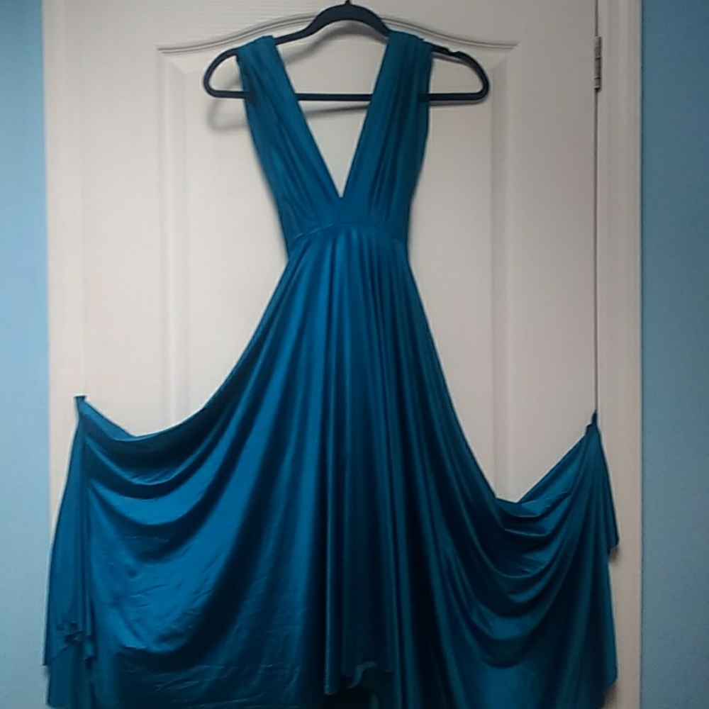 Teal halter dress with low back